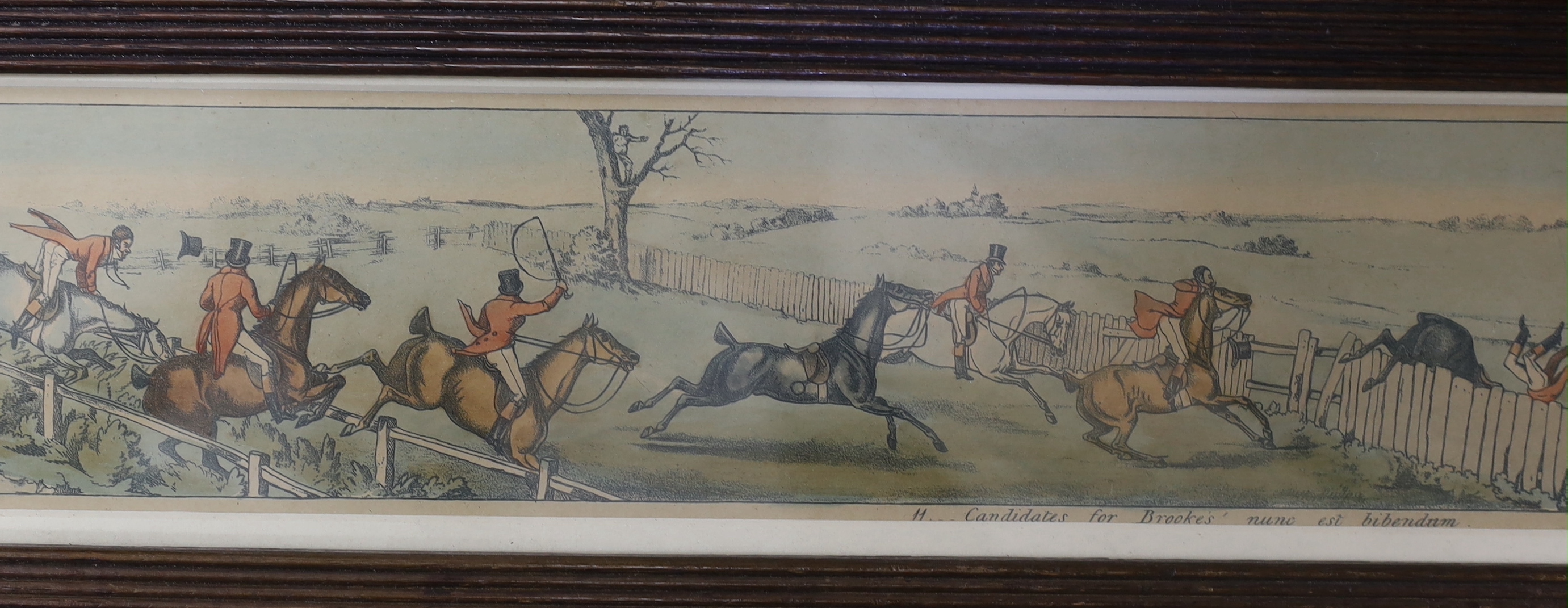 After Henry Thomas Alken (1785-1851) set of twelve 19th century colour prints, Panoramic coaching and hunting scenes, including 'Doing a bit of city', publ. S & L Fuller, London 1822, 54 x 8.5cm